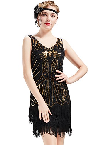 BABEYOND Damen Retro 1920er Stil Flapper Kleider mit Zwei Schichten Troddel V Ausschnitt Great Gatsby Motto Party Kostüm Kleider- Gr. L (Fits 82-92 cm Waist & 100-110 cm Hips), Gold Schwarz von BABEYOND