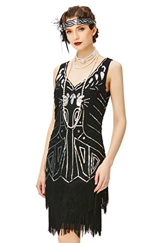 BABEYOND Damen Retro 1920er Stil Flapper Kleider mit Zwei Schichten Troddel V Ausschnitt Great Gatsby Motto Party Kostüm Kleider- Gr. M (Fits 78-88 cm Waist & 96-106 cm Hips), Schwarz von BABEYOND