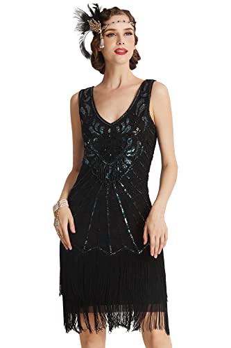 BABEYOND Damen Retro 1920er Stil Flapper Kleider mit Zwei Schichten Troddel V Ausschnitt Great Gatsby Motto Party Kostüm Kleider- Gr. M (Fits 78-88 cm Waist & 96-106 cm Hips), Schwarz von BABEYOND