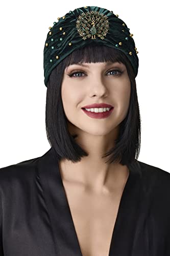 BABEYOND Damen Turban Hut mit Kristall Brosche 1920s Haarband Exotisch Retro Indischer Turban Hut Damen Fasching Kostüm Accessoires(Dunkelgrün von BABEYOND