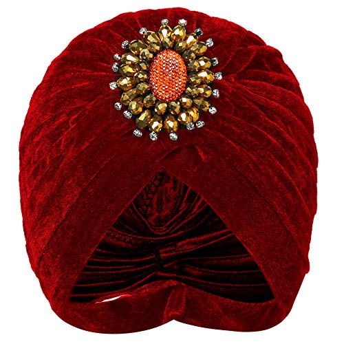 BABEYOND Damen Turban Hut mit Kristall Brosche 1920s Haarband Exotisch Retro Indischer Turban Hut Damen Fasching Kostüm Accessoires (Weinrot) von BABEYOND