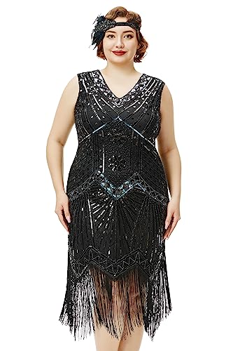 BABEYOND Damen Übergröße Flaper Kleider 1920er Jahre V-Ausschnitt Perlen Fransen Great Gatsby Kleid - - 1X Mehr (XXL) von BABEYOND
