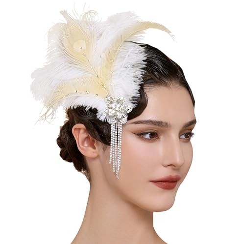 BABEYOND 1920er Pfauenfeder-Kopfschmuck – Diamant-Quasten-Haarspange, Abschlussball, Damen, Vintage-Feder, Haarnadel, Beige von BABEYOND