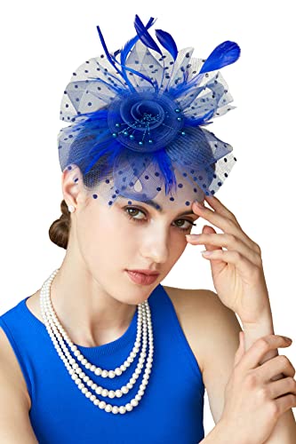 BABEYOND Fascinators Hüte Damen Schleier Stirnband und Einer Gegabelten Clip Tea Party Kopfbedeckung(Blau) von BABEYOND