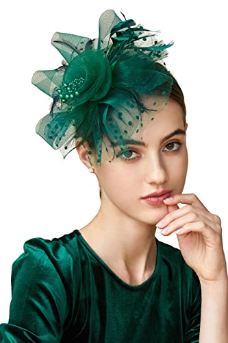 BABEYOND Fascinators Hüte Damen Schleier Stirnband und Einer Gegabelten Clip Tea Party Kopfbedeckung(Dunkelgrün) von BABEYOND