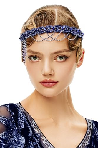 BABEYOND Flapper 1920s Gatsby Stirnband - 20s Vintage Strass Haarband Hochzeit Prom Haar Kopfkette Stirn Kopfschmuck für Damen blau von BABEYOND