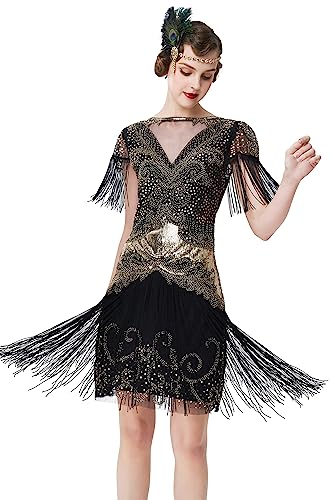 BABEYOND Flapper Dress 1920er Gatsby Kleid Damen Lang Fransen Kleid Pailletten Art Deco Kleid, Schwarz Gold, X-Groß von BABEYOND