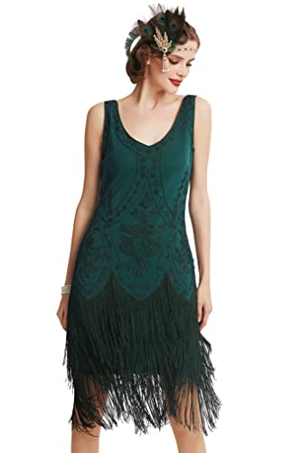 BABEYOND 1920er Jahre Flapper Kleid Roaring 20er Jahre Great Gatsby Kostüm Kleid Fransen Verziertes Kleid, Grün , X-Groß von BABEYOND