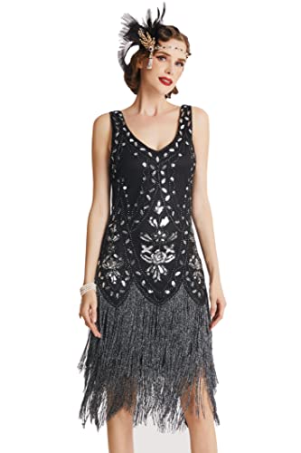 BABEYOND 1920er Jahre Flapper Kleid Roaring 20er Jahre Great Gatsby Kostüm Kleid Fransen Verziertes Kleid, schwarz / silber, Mittel von BABEYOND