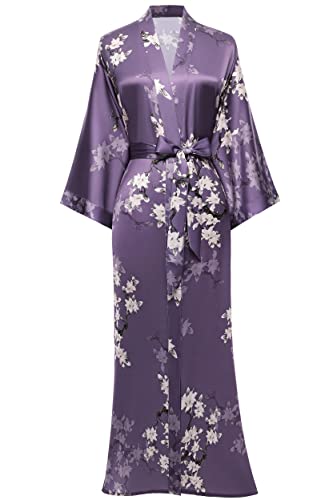 BABEYOND Floral Kimono Robe Satin Seide Hochzeit Robe 1920er Kimono Nachthemd Nachtwäsche 53 Zoll lang, Birnenblumen-lila, Einheitsgröße von BABEYOND