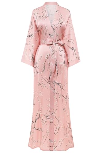 BABEYOND Floral Kimono Robe Satin Seide Hochzeit Robe 1920er Kimono Nachthemd Nachtwäsche 53 Zoll lang, Pflaume Blossom-pink, Einheitsgröße von BABEYOND