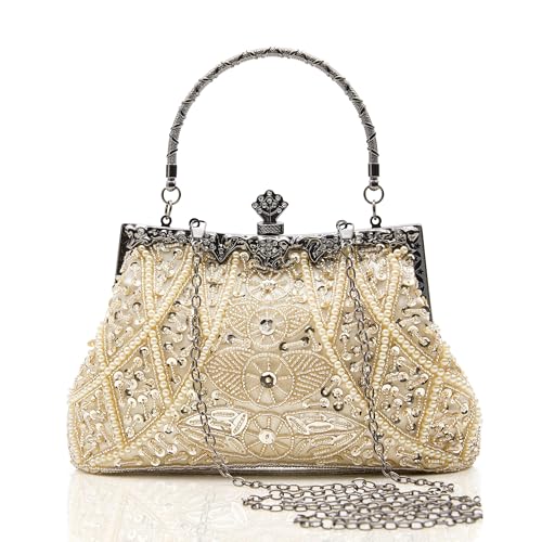 BABEYOND Handtasche Damen 1920s Strass Handtasche Beige Abend Party Clutch Elegante Abschlussball Handtaschen Hochzeit Braut Zubehör (4-Beige) von BABEYOND