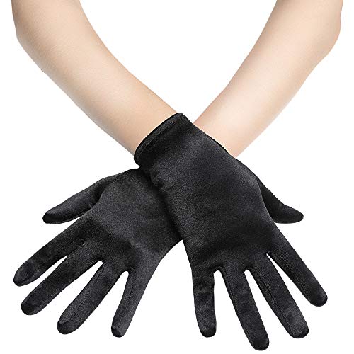 BABEYOND Kurze Satin-Handschuhe für Frauen – Seiden-Opern-Hochzeits-Braut-Handschuhe, Teeparty, Bankett, Kostüm, 1920er-Jahre, Flapper-Zubehör, Schwarz, Einheitsgröße von BABEYOND