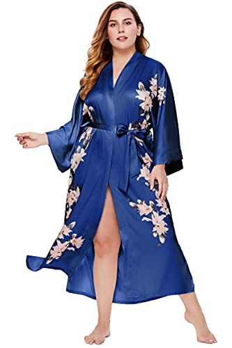 BABEYOND Langer Kimono-Robe mit Blumenmuster, Satin-Roben in Übergröße, Kimono-Überwurf, lockere Strickjacke - Blau - XX-Large Mehr von BABEYOND