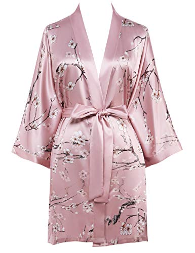 BABEYOND Morgenmantel Damen Kurz Blumen Muster Kimono Satin Robe Sommer Leicht Bademantel Mini Damen Schlafmantel Elegant Nachtwäsche (Rosa) von BABEYOND