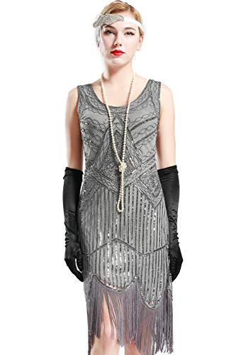 BABEYOND Retro 1920s Stil Damen Kleid Karneval Flapper Kleid V Ausschnitt Troddel Gatsby Mottoparty Damen Kostüm Kleid (Grau, Etikette L/ UK16/ EU44) von BABEYOND