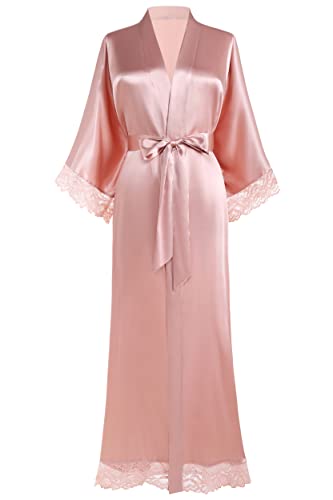 BABEYOND Satin Kimono Robe Lang Brautjungfer Hochzeit Bademantel mit Spitzenbesatz - Pink - Einheitsgröße von BABEYOND