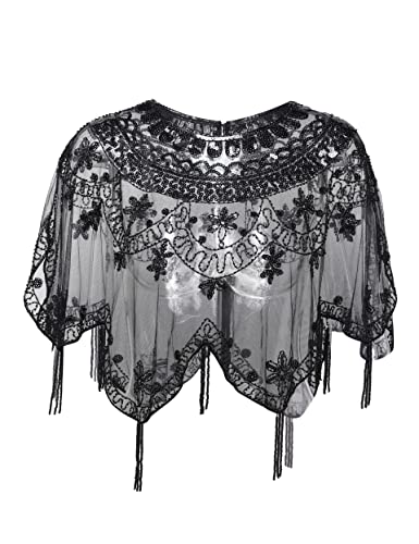 BABEYOND Sequin Beaded Evening Cape 1920s Fringed Shawl Wraps Wedding Bridal Shawl Scarf (Black) von BABEYOND