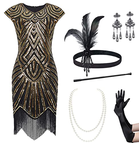 BABYOND 20er Jahre Kostüm Damen 1920er Jahre V-Ausschnitt Pailletten Perlen Fransen Kleid mit 20er Jahre Kleid Zubehör Set Schwarz Gold M von BABEYOND