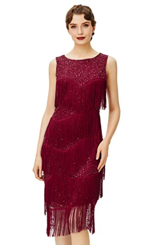 Babeyond 1920er Jahre Flaper Kleid Gatsby mit Fransen Kleid Roaring 20er Jahre Perlenkleid Art Deco Kleid für Gatsby Motto Party Abschlussball - Rot - Groß von BABEYOND