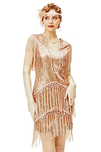 Babeyond 1920er Jahre Flapperkleid lang Fransen Gatsby Kleid Brüllend 20er Jahre Pailletten Perlen Kleid Vintage Art Deco Kleid - Beige - Groß von BABEYOND
