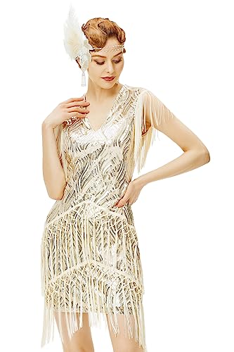 Babeyond 1920er Jahre Flapperkleid lang Fransen Gatsby Kleid Roaring 20er Jahre Pailletten Perlenkleid Vintage Art Deco Kleid - Beige - X-Klein von BABEYOND