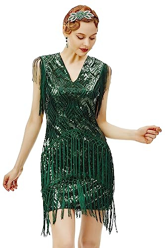 Babeyond 1920er Jahre Flapperkleid lang Fransen Gatsby Kleid Roaring 20er Jahre Pailletten Perlenkleid Vintage Art Deco Kleid - Grün - Klein von BABEYOND