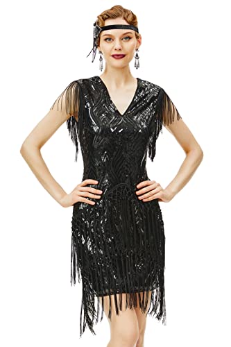 Babeyond 1920er Jahre Flapperkleid lang Fransen Gatsby Kleid Roaring 20er Jahre Pailletten Perlenkleid Vintage Art Deco Kleid - Schwarz - X-Groß von BABEYOND
