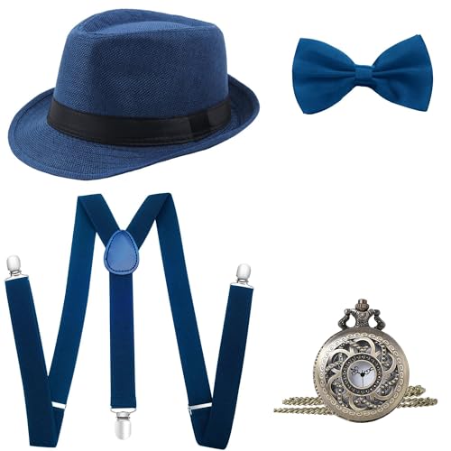 Babeyond 1920er Jahre Gatsby Gangster Zubehör Set Panamahut Strumpfhalter Fliege - Blau - Einheitsgröße von BABEYOND