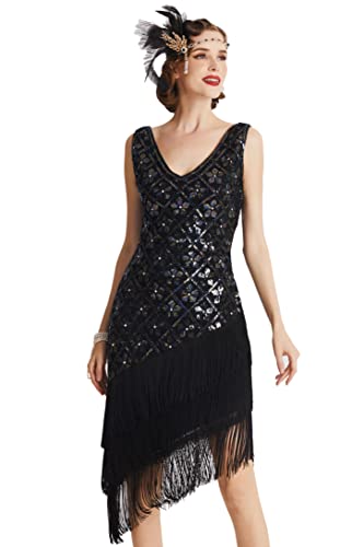 Babeyond 1920er Vintage Flapper Pailletten Kleid Gatsby Fransenkleid brüllend 20er Jahre Partykleid V-Ausschnitt - Schwarz - Klein von BABEYOND