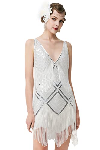 Babeyond Damen 1920er Jahre Flaper Kleid V-Ausschnitt Schlupfkleid Brüllende 20er Jahre Great Gatsby Kleid für Party - Weiß - Mittel von BABEYOND