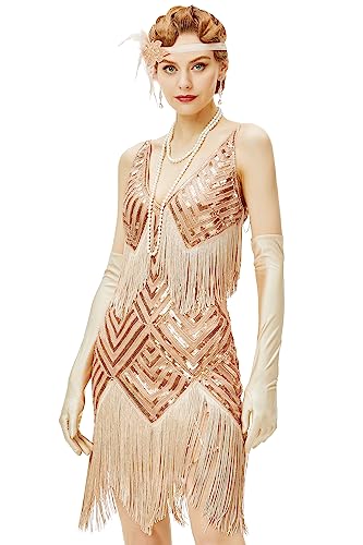 Babeyond Damen 1920er Jahre Flapper-Kleid V-Ausschnitt Slip Kleid Roaring 20er Jahre Great Gatsby Kleid für Party - Beige - Groß von BABEYOND