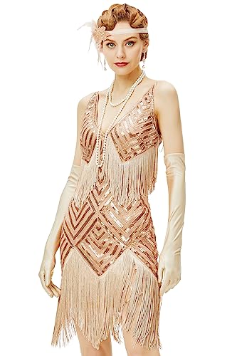 Babeyond Damen 1920er Jahre Flapper-Kleid V-Ausschnitt Slip Kleid Roaring 20er Jahre Great Gatsby Kleid für Party - Beige - Klein von BABEYOND