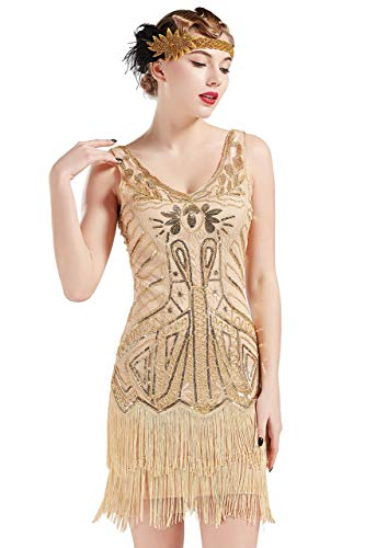 Babeyond Damen-Charleston-Kleid, 1920er-Jahre, V-Ausschnitt, Great-Gatsby-Kleid mit Perlen, Fransen, Champagner und Gold, XXX-Large von BABEYOND