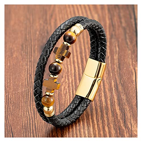 BABUUN Raumdekoration Armbänder 5 Stil Runde Stein Perlen Armband Schwarz Leder Charm Kreuz Männer Armband Trendy Handmade Male Jewelry Friend Einstellbar (Color : Gold-tiger Eye, Size : 21cm) von BABUUN