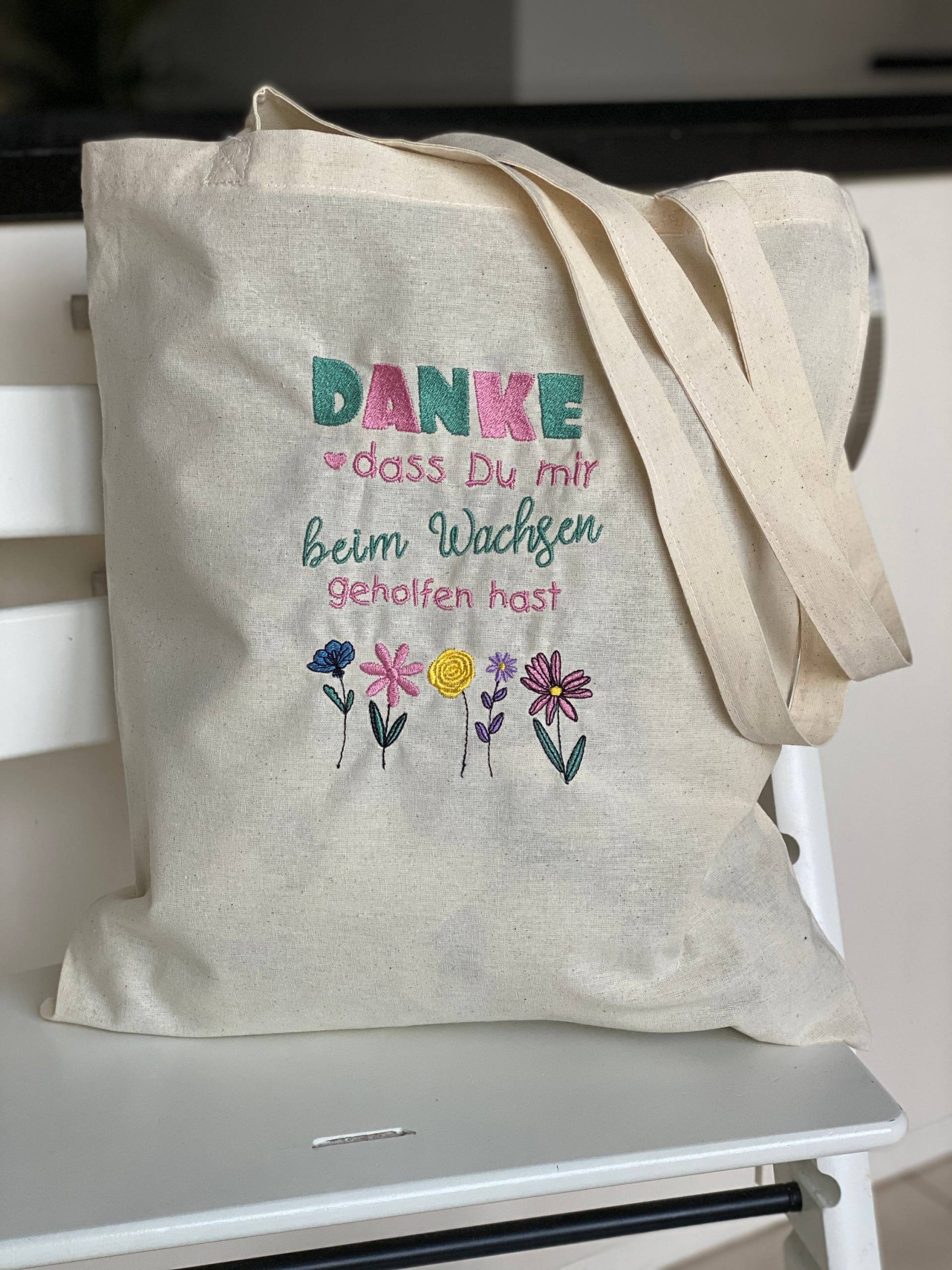 Bestickte Jutetasche "Danke, Dass Du Mir Beim Wachsen Geholfen Hast" | Geschenk Erzieherin Lehrerin Blumen Tote Bag Handmade Stofftasche von BABYLISHESshop