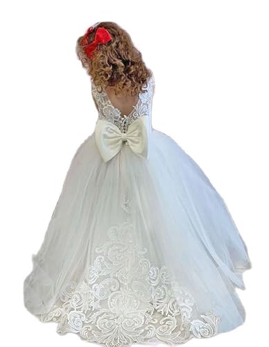 BABYONLINE D.R.E.S.S. Blumensmädchenkleid Kleider Kinder Mädchen Kleid Hochzeit Partykleid Prinzessin Abendkleid Brautjungfer Elegant ärmellos Langes Abendkleid Schleife Spitze Tüll Weiß und Elfenbein von BABYONLINE D.R.E.S.S.