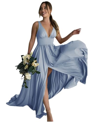 BABYONLINE D.R.E.S.S. Cocktailkleid für Damen, schick, lang, Empire-Taille, V-Ausschnitt, rückenfrei, mit Schlitz, Denimblau, 44 BABYONLINE D.R.E.S.S. Cocktailkleid für Damen, schick, lang, Empire-Taille, V-Ausschnitt, rückenfrei, mit Schlitz, Denimblau, 44 von BABYONLINE D.R.E.S.S.