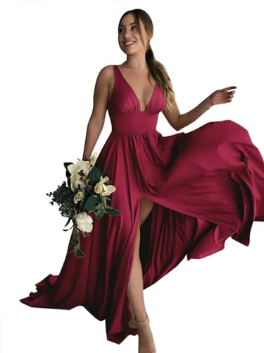 Babyonline D.R.E.S.S. Abendkleid, lang, große Größe, Schlitz, sexy, tiefer V-Ausschnitt, schick, elegant, Gala-Kleid, Promo, bordeaux, 42 von BABYONLINE D.R.E.S.S.