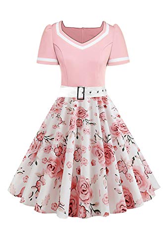 Babyonlinedress Damen Abendkleid Chic Jointif mit Gürtel Vintage Retro 50s Pin Up Rockabilly Swing gepunktet, Rosa, XXL von BABYONLINE D.R.E.S.S.