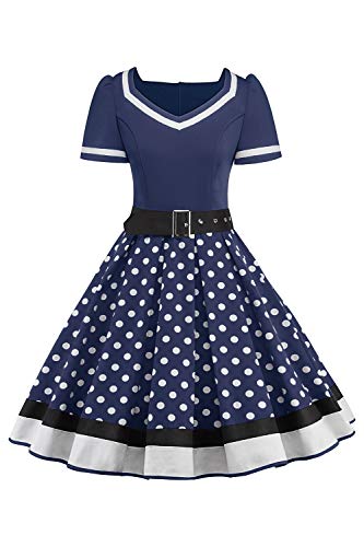 Babyonlinedress Damen Abendkleid Chic Jointiv mit Gürtel Vintage Retro 50s Pin-up Rockabilly Swing gepunktet, Dunkles Marineblau, Medium von BABYONLINE D.R.E.S.S.