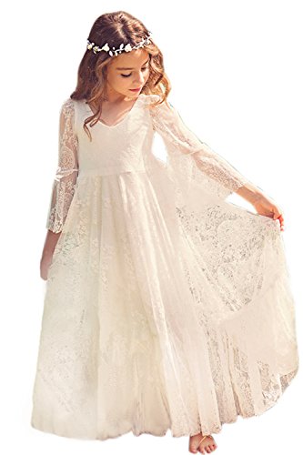 Babyonlinedress Elegantes Kleid für Mädchen, für Hochzeit/Brautjungfern/Abendveranstaltung, Prinzessin, eleganter V-Ausschnitt, lange Spitze Gr. 6-7 Jahre , elfenbeinfarben von BABYONLINE D.R.E.S.S.