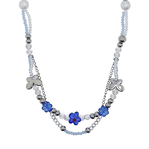 BABYVIVA Halsketten für Damen, blauer Schmetterling mit Kristallperlen, Choker-Halskette, doppellagig, Schlüsselbeinkette, Halskette aus Titanstahl, Schmuck für Frauen und Mädchen, 43.5 + 6 cm, von BABYVIVA