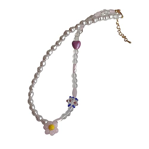 BABYVIVA Halsketten für Damen, bunte Blumen-Perlen-Halskette mit floralem Charm-Anhänger, Modeschmuck, bunte Perlen-Halsketten für Hochzeitsfeier, As shown in the figure, Kunststoff und Legierung von BABYVIVA