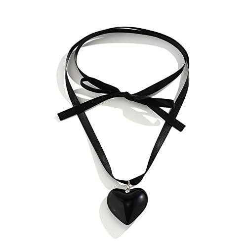 BABYVIVA Halsketten für Frauen, 6 Farben, Gothic-Glas, großes Herz-Anhänger, Halskette für Frauen, Boho, geknotete Schleife, Seidenband, verstellbare Kette, Y2K-Schmuck, 3,5 cm, Band und Glas von BABYVIVA