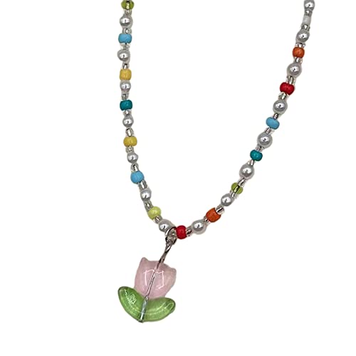 BABYVIVA Halsketten für Frauen, Bonbonfarben, Choker, Kristallperlen, Anhänger, Halskette, handgefertigt, Tulpenblume, Schlüsselbeinkette, Boho-Schmuck, Geschenk, 40 cm, Kristall von BABYVIVA