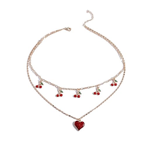 BABYVIVA Halsketten für Frauen, Herzanhänger, doppellagige Halskette, Kirsch-/Trauben-Charm-Halskette, modisch, einzigartiger Halsschmuck für Frauen, As shown in the figure, Metall von BABYVIVA