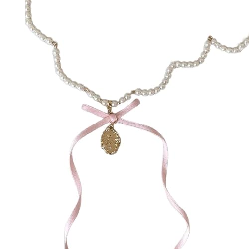 BABYVIVA Halsketten für Frauen, Schleifenband, Perlen-Halskette, Schleifen-Anhänger, Schlüsselbein-Kette, französischer Stil, Schlüsselbeinkette für Frauen und Mädchen, 42+5CM, Metall von BABYVIVA