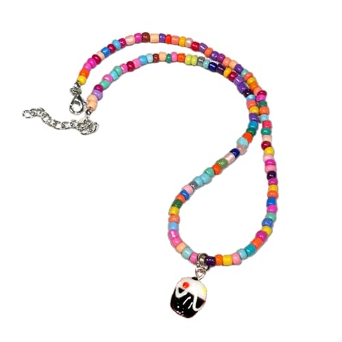 BABYVIVA Halsketten für Frauen, böhmische Perlen, niedlicher Kuchenanhänger, farbige Rocailles, kurz, rosa, blau, Sommer-Reisperlen-Halskette, Schmuck, 40 cm, Harz von BABYVIVA