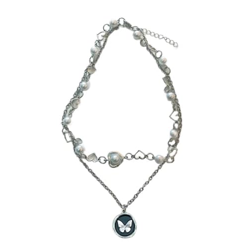 BABYVIVA Halsketten für Frauen, elegante Perlen-Halskette, stilvolle und zarte Schmetterlings-Blumen-Anhänger-Halskette mit Perlen und Herz-Anhänger, As shown in the figure, Legierung ABS von BABYVIVA